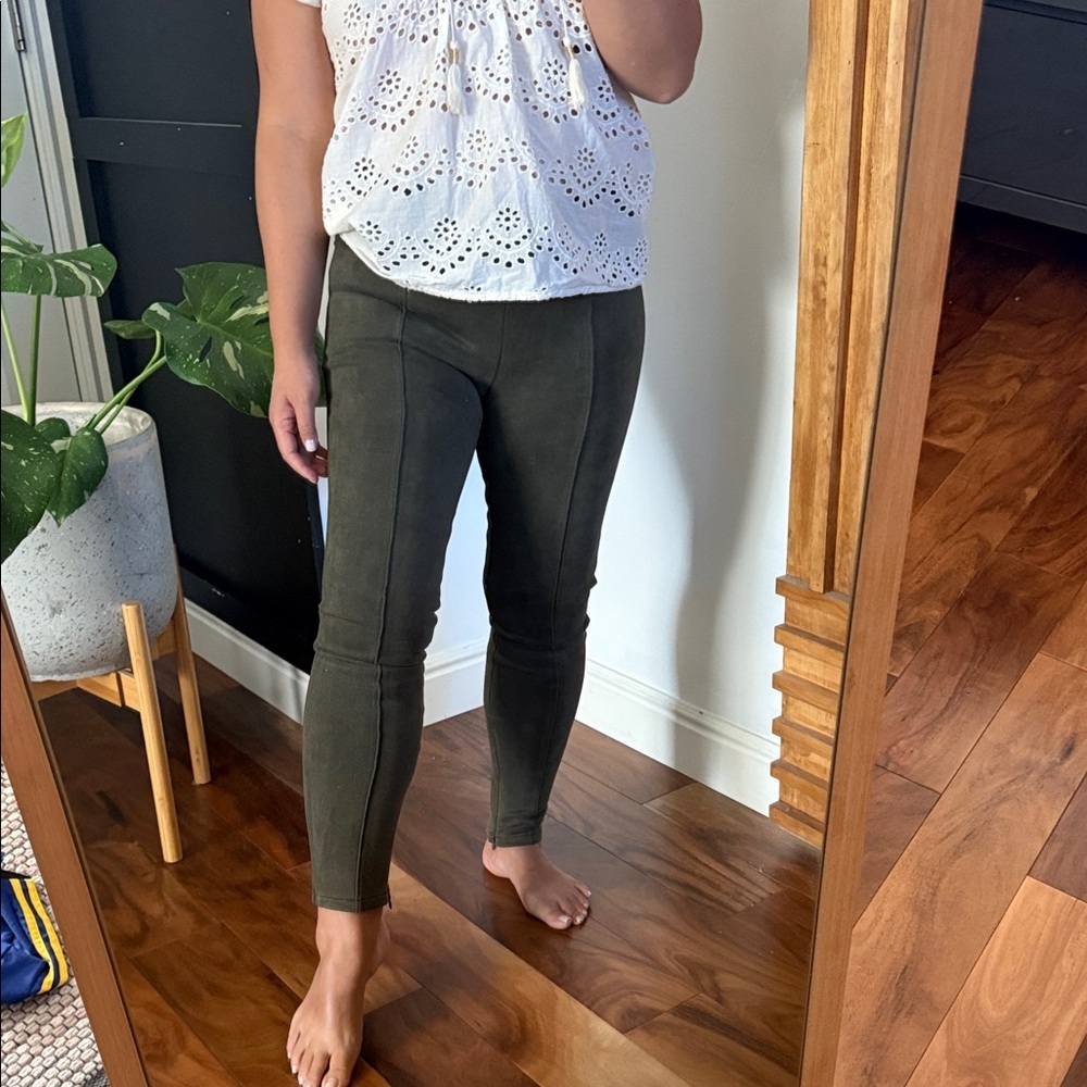 Anthropologie Faux Suede Olive Green Pull On Ankle Legging Inseam Ankle Zip-25